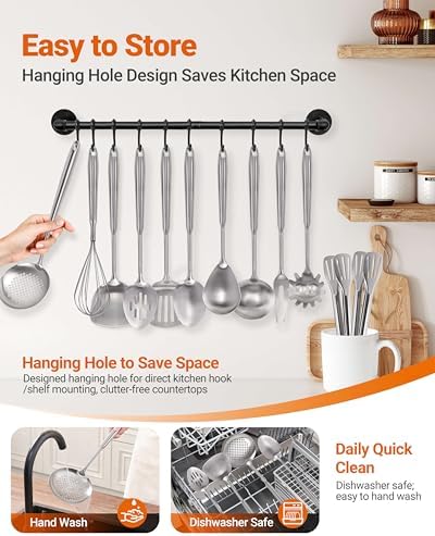 304 Stainless Steel Kitchen Utensils Set - 15PCS Long Metal Cooking