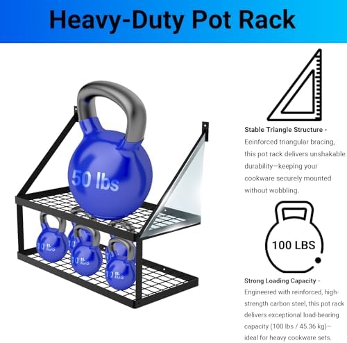 Miyili 30-Inch Kitchen Pot Rack with 15 Hooks, Wall Mounted Hanging Rack for Storage Organizer, 2-Tier Pots Hangers Shelf (Matte Black)