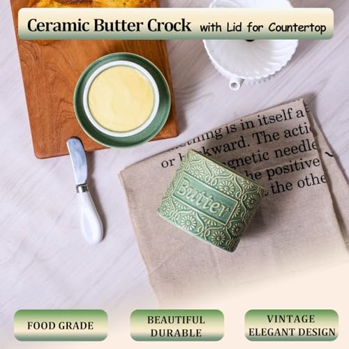 Ceramic Butter Crock with Lid, French Butter Dish with Water Line for