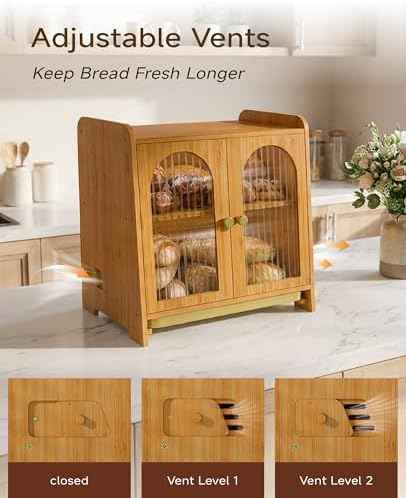 Emojoy Bread Box for Kitchen Countertop, Large Double Layer Wooden Bread Storage Container with Acrylic Window, Adjustable Air Vents & Built-In Cutting Board, Pantry Organizer