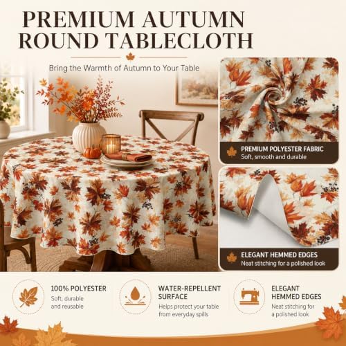 Fall Round Tablecloth 60 Inch Maple Leaves Waterproof Heat Resistant
