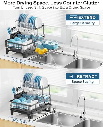 GSlife Large 2 Tier Dish Drying Rack - Expandable Over Sink & Counter