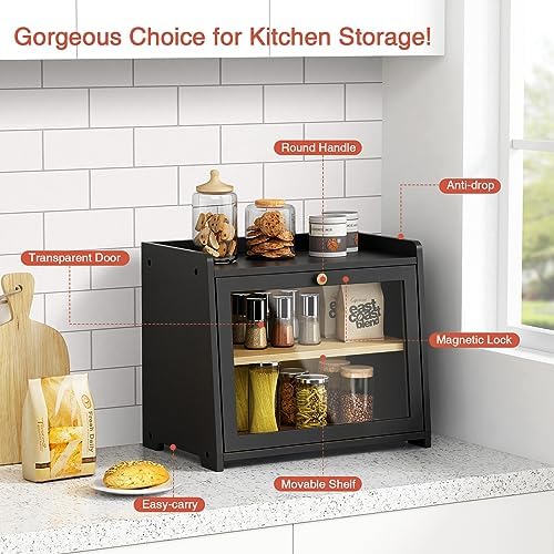 Goozii Bread Box for Kitchen Countertop, 2 Tier Large Breadbox Modern Black
