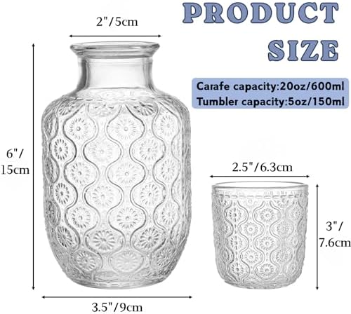 AVLA 4 Pcs Bedside Water Carafe and Glass Tumblers, 20 OZ Clear