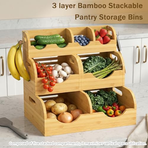 Potato and Onion Storage Bin, Made of bamboo, With 2 banana hooks