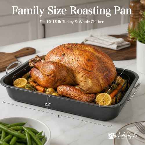 MICHELANGELO 15-Inch Turkey Roasting Pan with V Rack, Carbon Steel