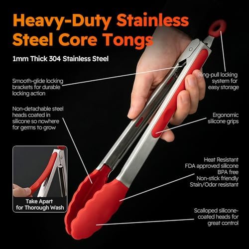 HST Non Stick Silicone Kitchen Tongs, 3 Pack 12 Inch Red BBQ Cooking