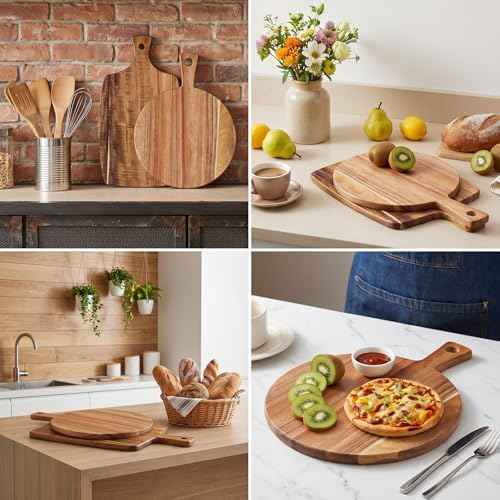 2 Pack Acacia Wood Cutting Board with Handle – 2 Shapes Wooden Charcuterie Board Set, Large Paddle Carving Chopping Block for Meat, Cheese, Fruit, Pizza, Bread – Farmhouse Serving Tray