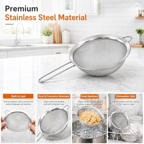 HiramWare Fine Mesh Strainer, Large Stainless Steel Colander with