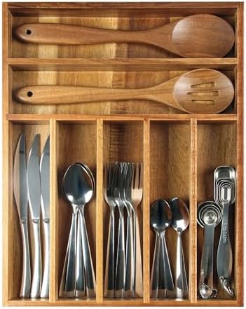 KITEISCAT Acacia Wood Silverware Organizer, 7-Compartment