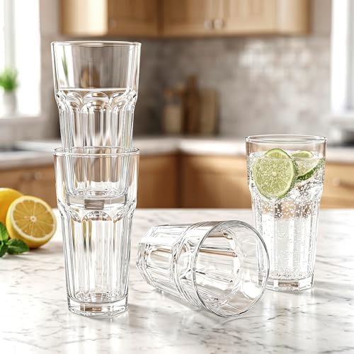 Mapoxy 16oz Highball Glasses Set of 6, Thick Lead-Free Glass Tumblers