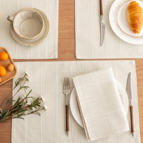 Linen Checked Placemats Set of 4, Ivory Rustic Place Mats 12x18 Inch