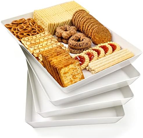 4-Pack Plastic 16" x 11" Large White Serving Trays Set - Reusable