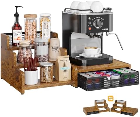 Coffee Station Organizer with K Cup Holder, 28 Pod Capacity,3-Tier Syrup Rack with Coffee Pod Holder Drawer, Coffee Bar organizer Countertop for Accessories,Rustic Brown