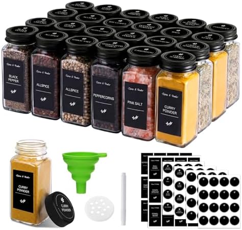TOMNK 24pcs Square Glass Spice Jars With Black Metal Lids & Shaker