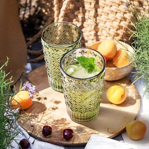 Joeyan Green Vintage Drinking Glasses,Embossed Highball Water Glass
