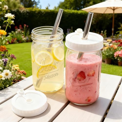 Mapoxy 32oz Mason Jars Cups with Plastic Lids & Straws 2 Pack