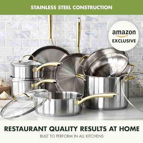GreenPan Stainless Steel Cookware Set, 11 Piece, Induction Cookware, Dishwasher Safe, Oven Safe to 600F, Large 8QT Stock Pot, Sauce, Saute, Frying Pans, Pots & Pans Kitchen Essentials, Gold