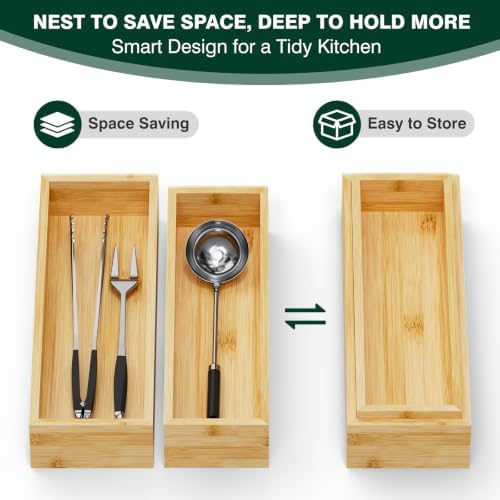 Bamboo Kitchen Drawer Organizer, Set of 2, Nested, 15" x 5" x 2.5"