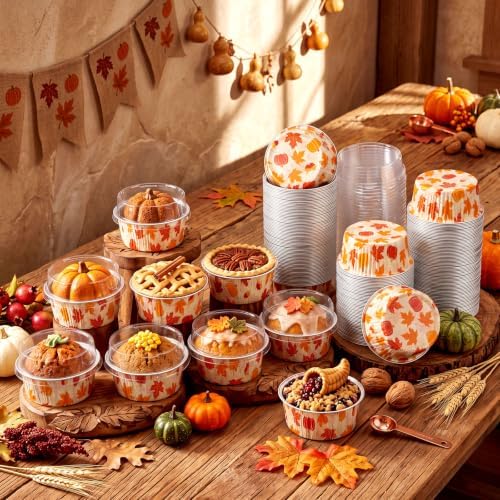Potchen 100 Pack 5 oz Fall Mini Aluminum Foil Cake Pans with Lids