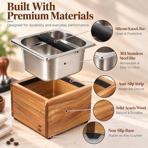 Large Acacia Wood Espresso Knock Box with Stainless Steel Interior