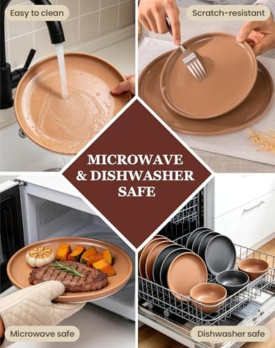 OTAGO 32-Piece Stoneware Dinnerware Set for 8 with Mugs, Plates and Bowls Sets Partially Unglazed Base, Scratch Resistant Ceramic Dish Set, Microwave & Dishwasher Safe for Kitchen Dinner Dining, Brown