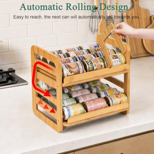 Bamboo Rolling Can Organizer for Pantry: Double-Tier Automatic Rolling
