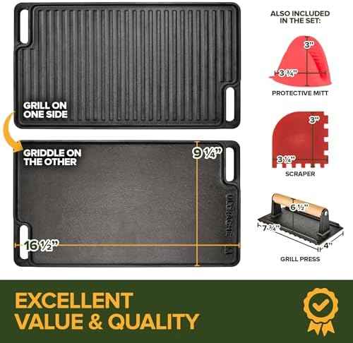 Cast Iron Griddle/Grill Reversible Combo Set + Protective Mitts, Grill Press & Scraper- Pre-seasoned Indoor & Outdoor gas Stove Griddle- Stovetop, Camping or Home Cooking Non-Stick Griddle Pan