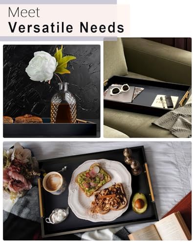 22 Inches Wooden Serving Tray with Handles, Black Ottoman Tray