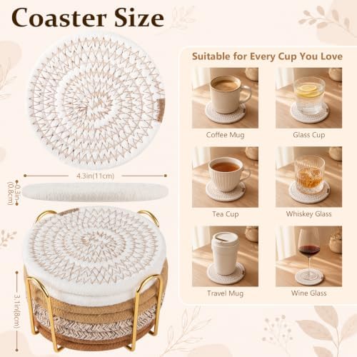 OIAHOMY 8 Pcs Coasters with Holder for Beer, Coffee, Woven Cotton