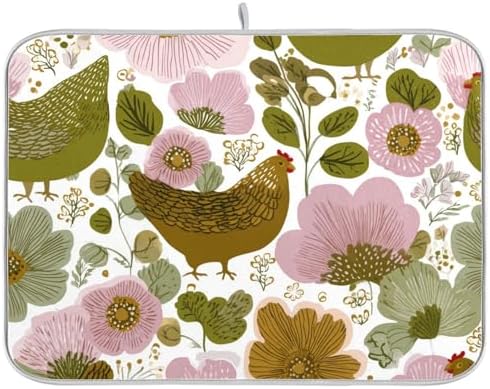 OTVEE Farm Chicken Floral Art Dish Drying Mat for Kitchen Counter