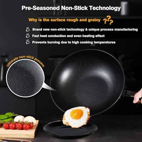 Teewe Carbon Steel Wok, 13" Woks & Stir-fry Pans Nonstick with Glass Lid