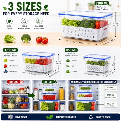 3-Pack Produce Keeper Containers with Strainers & Lids, Fruit and