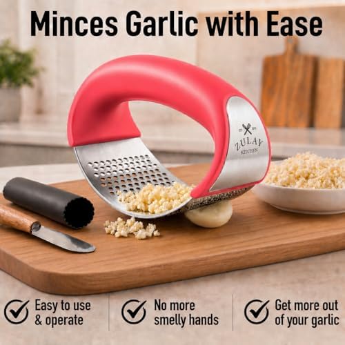 Zulay Kitchen Stainless Steel Garlic Press Rocker Set, Red