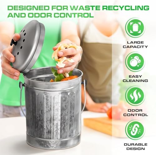 Plexon Stainless Steel Countertop Compost Bin with Charcoal Filter