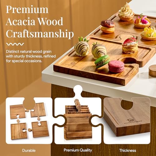 Homesphere Wooden Charcuterie Boards, Appetizer Tray for Parties & Cutting Board with Handle, Set of 4, Acacia Wood Board, Wine Gifts, Wine Accessories, Interlocking Puzzle Serving Tray w/Storage Box