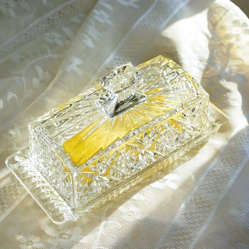 8" Crystal Covered Butter Dish for Countertop, Glass Butter Dish with