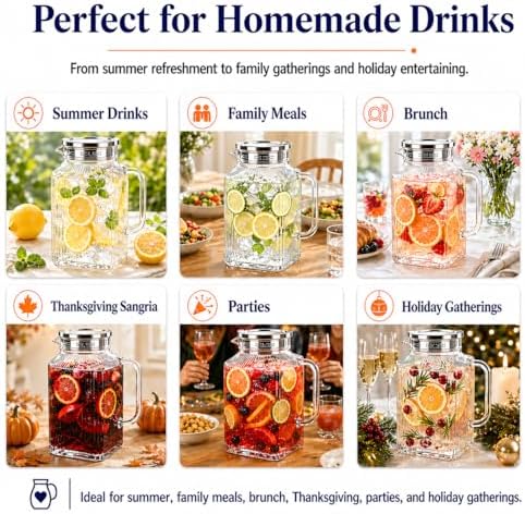 Glass Tea Pitcher, Lumirive 1 Gallon Square Fridge Jug with Strainer