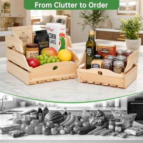 Stackable Wooden Storage Bins, Kitchen Counter Organizer with Handles