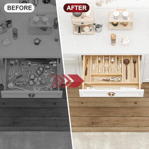 Clikuutory Natural Birch Wood Utensil Drawer Insert Organizer with 10