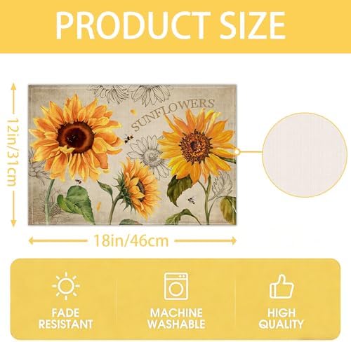 Sunflower Linen Placemats Set of 4, 12x18 Inch Farmhouse Spring Summer