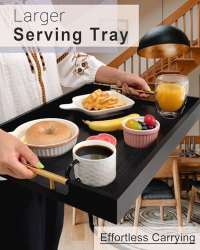 22 Inches Wooden Serving Tray with Handles, Black Ottoman Tray