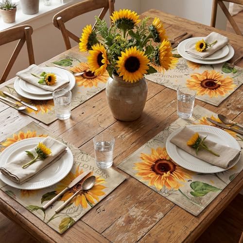 Sunflower Linen Placemats Set of 4, 12x18 Inch Farmhouse Spring Summer