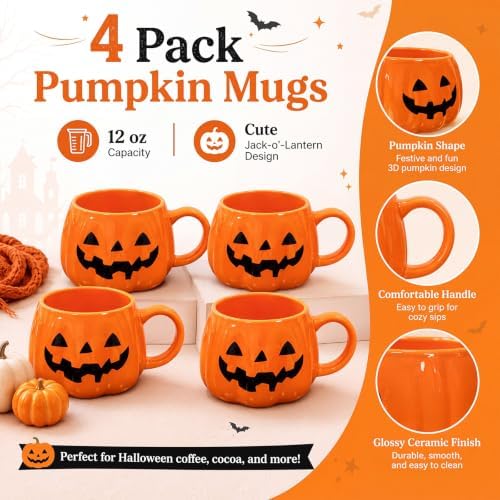 Potchen 4 Pack 12 oz Halloween Coffee Mugs Ceramic Jack O Lantern
