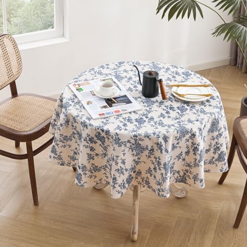 Cotton Linen Round Tablecloth, Blue Floral Table Cloth Round 47"