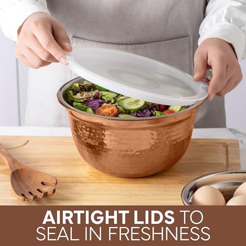 COOK WITH COLOR 18 Piece Mixing Bowls Set with Airtight Lids, Handcrafted Stainless Steel Bowls, Food Storage Containers, Meal Prep, Nesting Salad Bowls For Cooking, Baking, Kitchen, Copper - Hammered