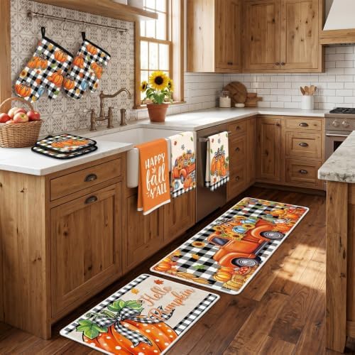 Fall Kitchen Decor Set, 10 PCS Hello Pumpkin Kitchen Mats Towels and