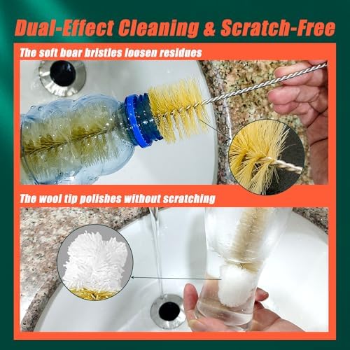 9-Pack Thin Long Handle Bottle Brushes with Boar Bristle & Wool Tip