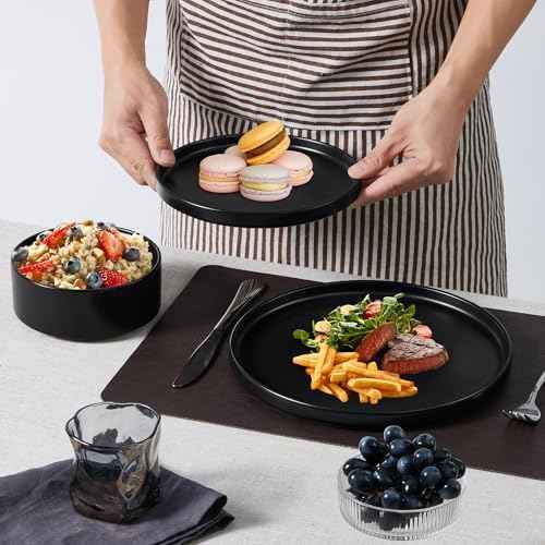 E-far Black Dinnerware Sets for 8, 24-Piece Stoneware Plates and Bowls Sets