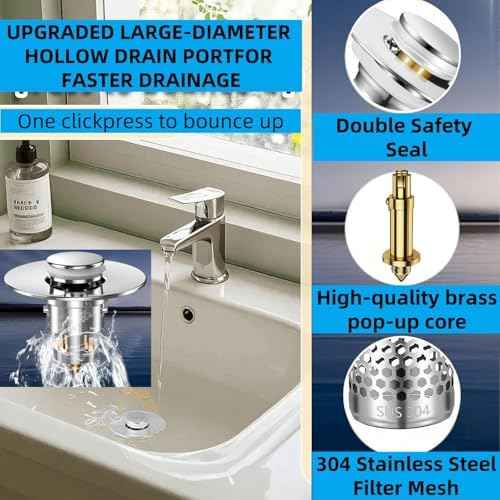 Bathroom Sink Drain Strainer 2 Pack,Bathroom Sink Stopper with Pop-Up
